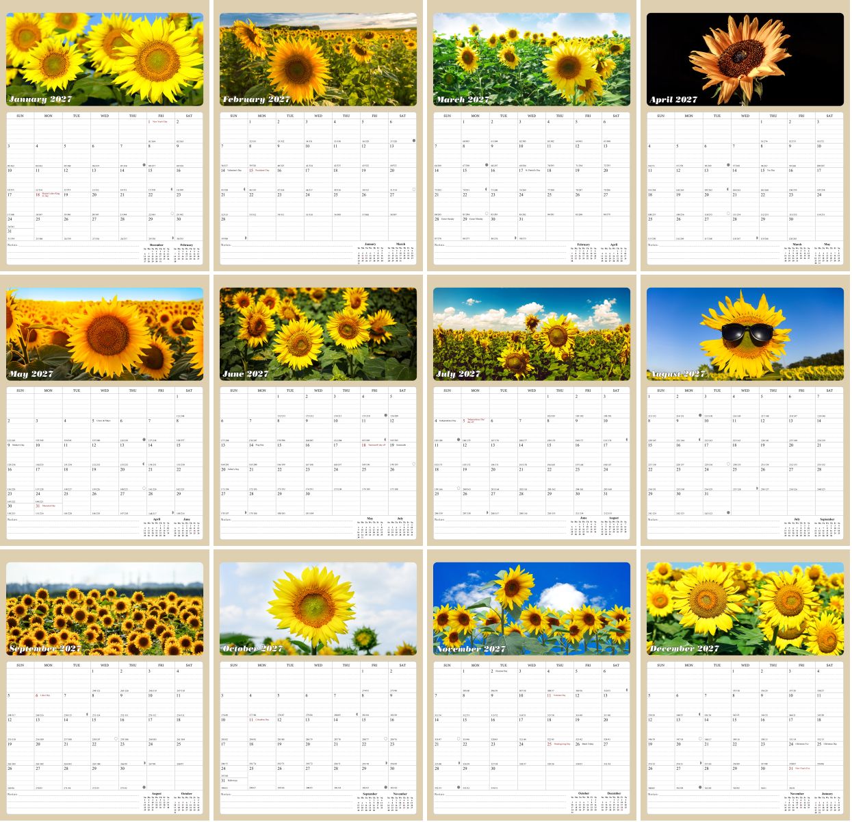 2027 Calendar Magnetic Peel & Stick 12 Months 8.5" x 11" Sunflowers