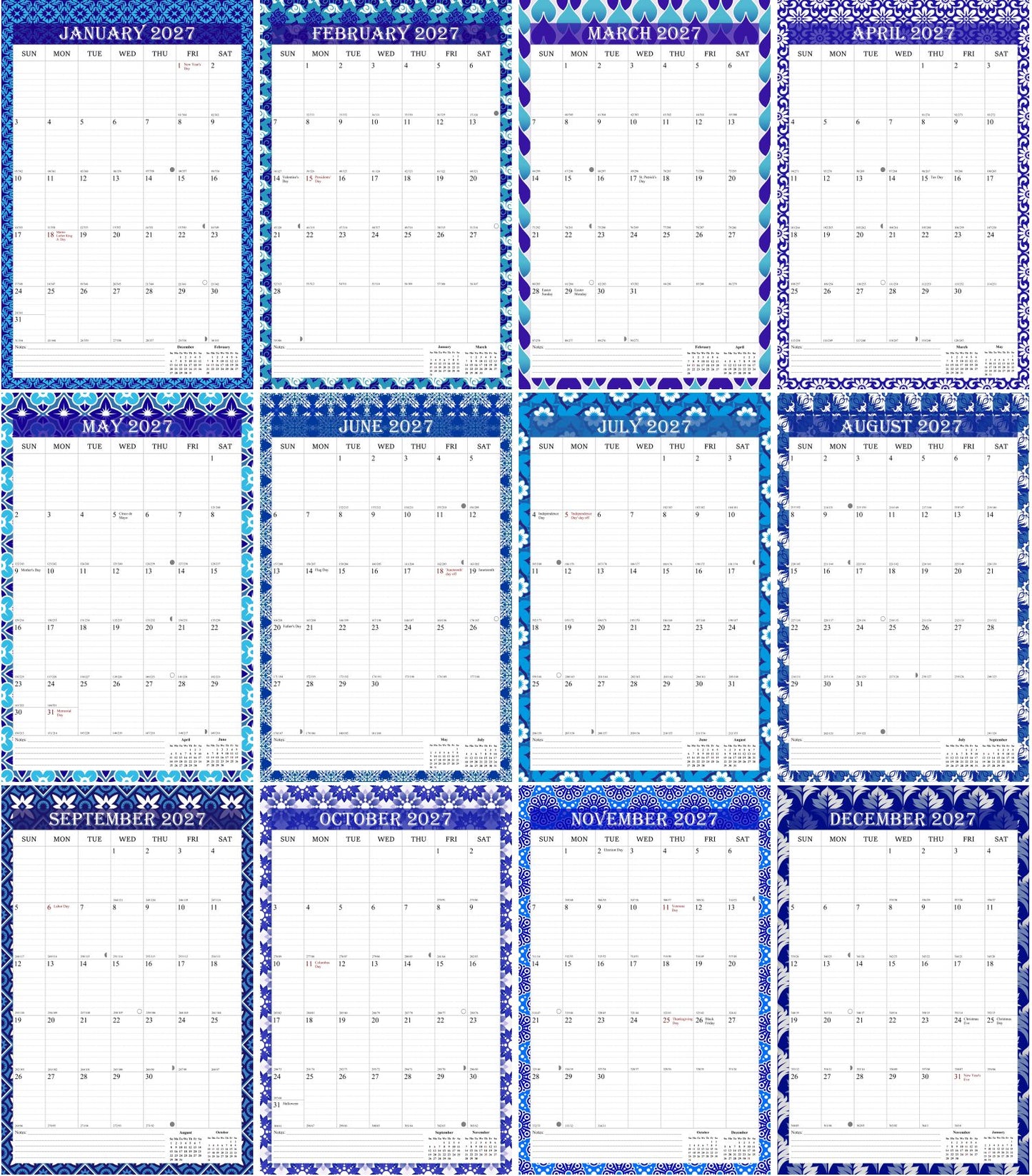 2027 Wall Calendar Spiral-Bound Twin-Wire Binding - 12 Months  14