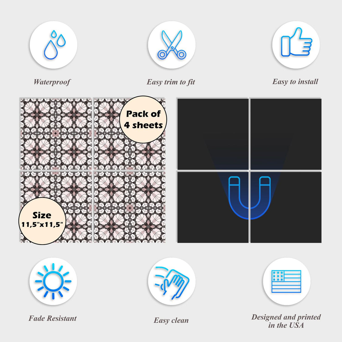Dishwasher Magnet Cover - Reusable Magnetic Tiles Decal - Pack of 4 Tiles - V072