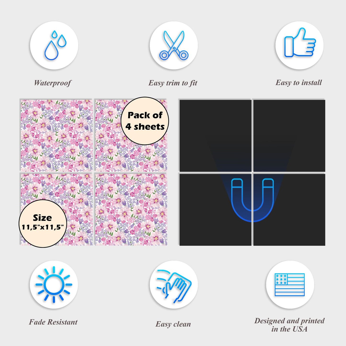 Dishwasher Magnet Cover - Reusable Magnetic Tiles Decal - Pack of 4 Tiles - V064