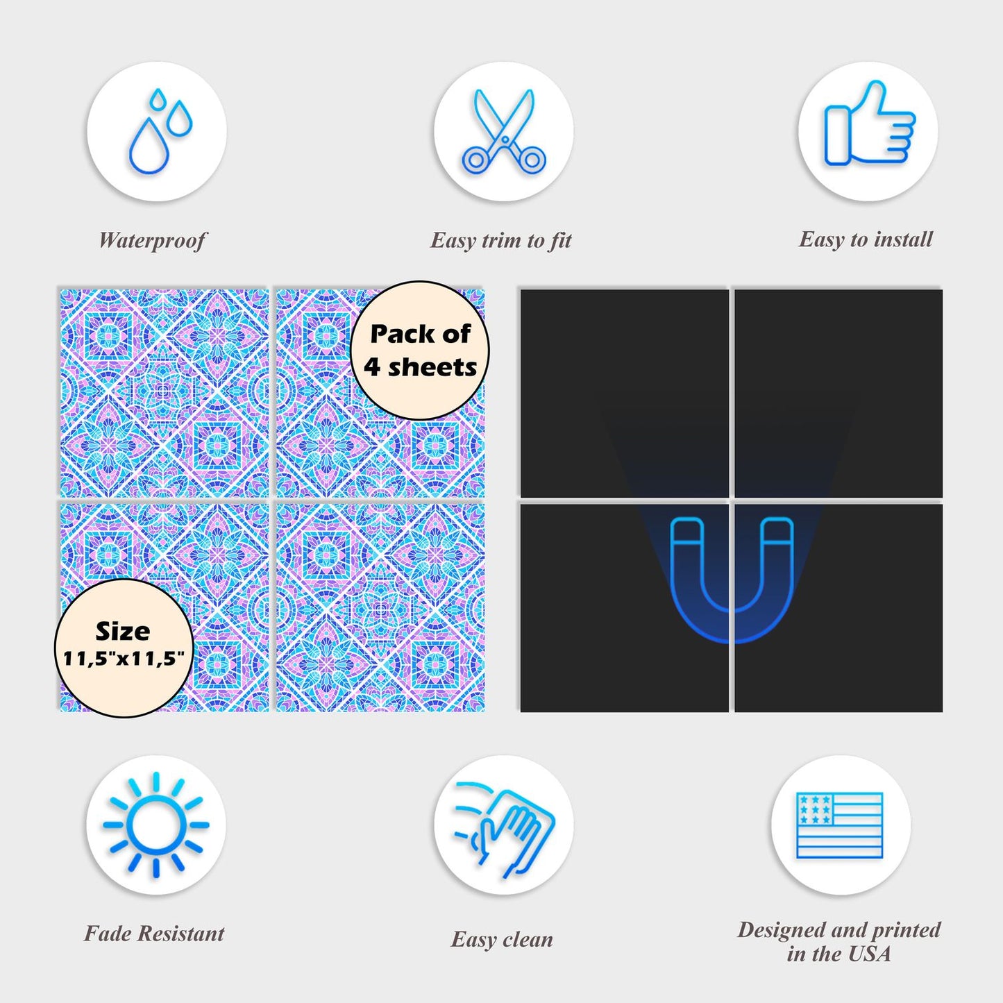 Dishwasher Magnet Cover - Reusable Magnetic Tiles Decal - Pack of 4 Tiles - V066