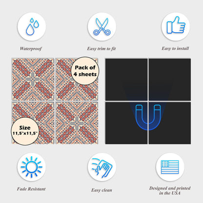 Dishwasher Magnet Cover - Reusable Magnetic Tiles Decal - Pack of 4 Tiles - V071