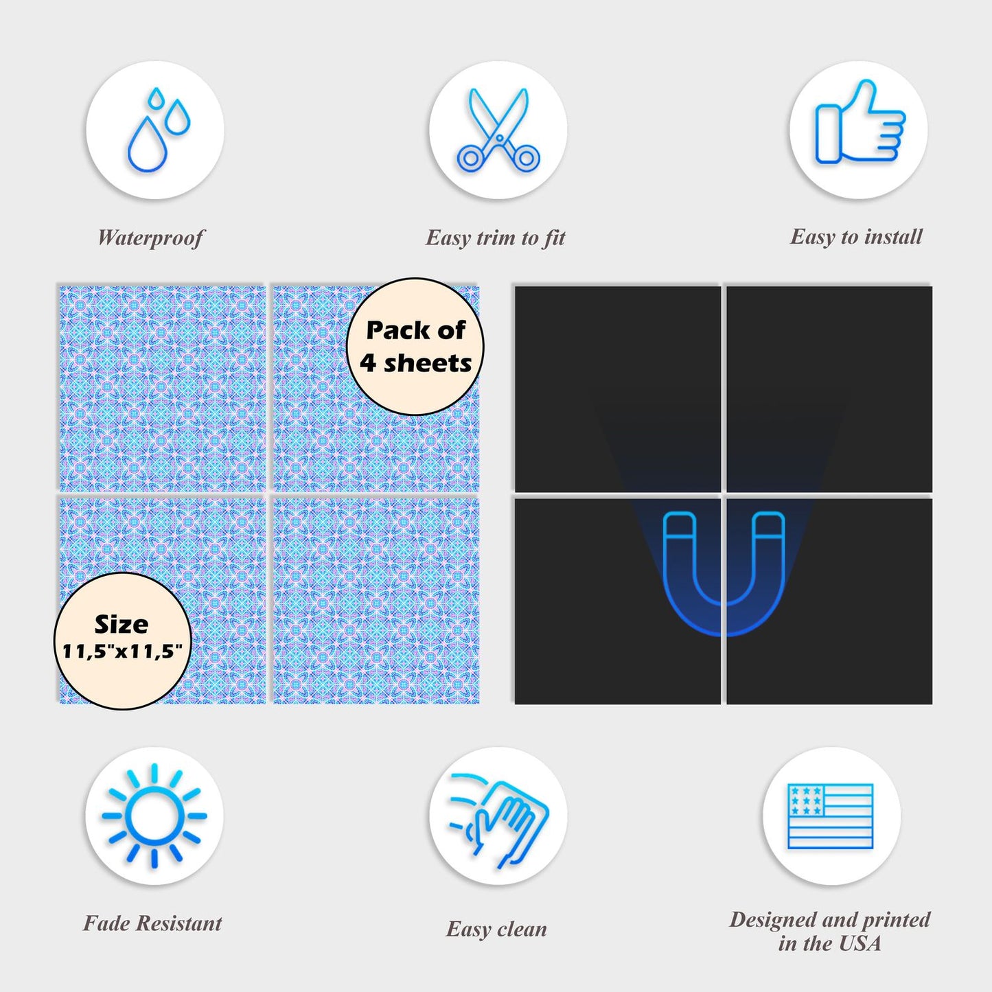 Dishwasher Magnet Cover - Reusable Magnetic Tiles Decal - Pack of 4 Tiles - V067