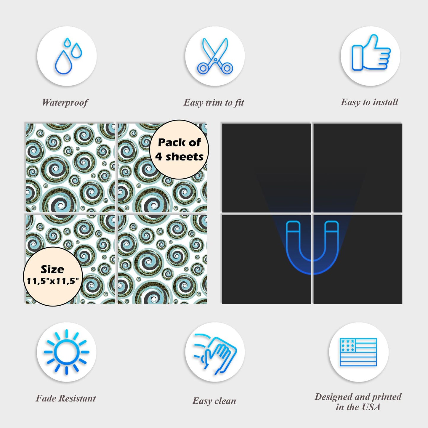 Dishwasher Magnet Cover - Reusable Magnetic Tiles Decal - Pack of 4 Tiles - V051