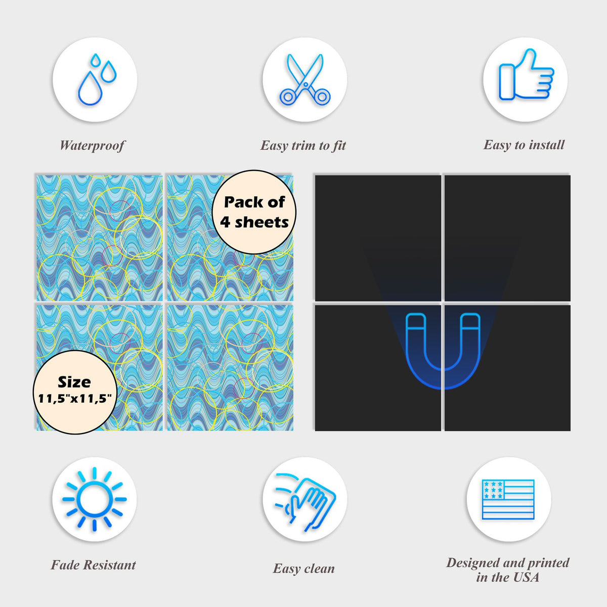 Dishwasher Magnet Cover - Reusable Magnetic Tiles Decal - Pack of 4 Tiles - V055