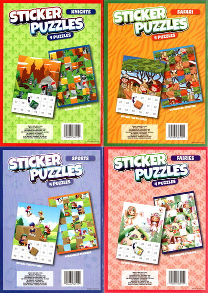 Activity Books for Kids: Sticker Puzzles - Knights, Safari, Sports and Fairies (Set of 4 Books)