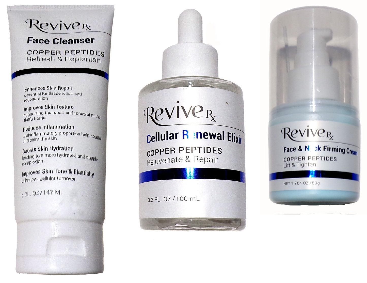 ReviveRx Face Cleanser, Elixir, Face Neck with Copper Peptides (Set of 3)