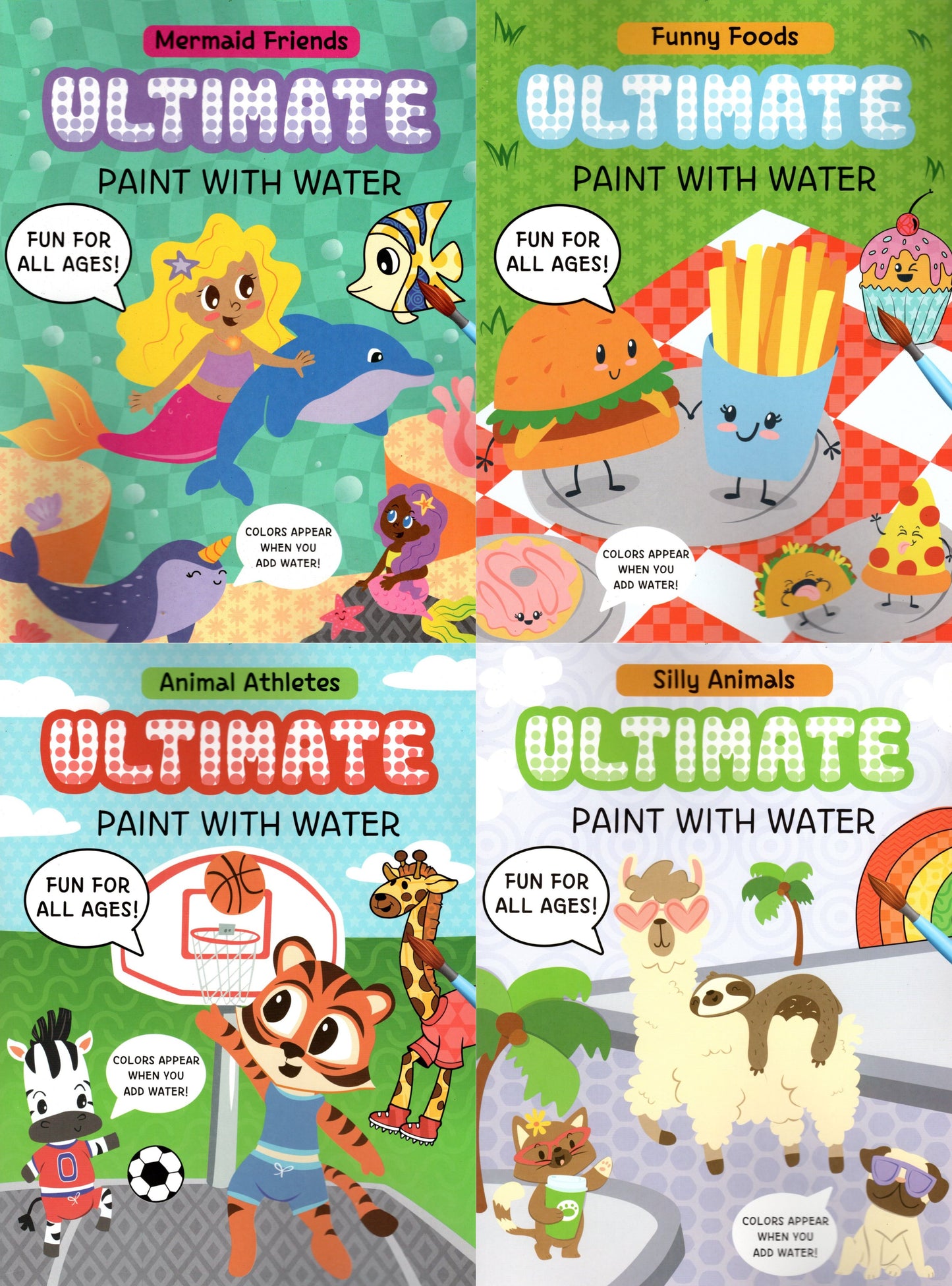A Paint with Water - Mermaid Friends, Funny Foods, Animal Athletes and Silly Animals - Just Add Water (Set of 4 Books)