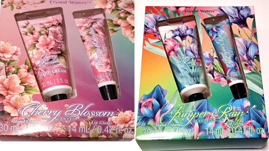 Crystal Waters Hand Cream & Lip Gloss Cherry Blossom and Juniper Rain (Set of 2 Pack)