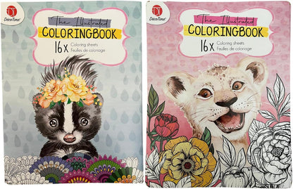 The Illustrated Coloring Book, 16 Sheets - Blue Skunk & Pink Lion (Set of 2 Books)