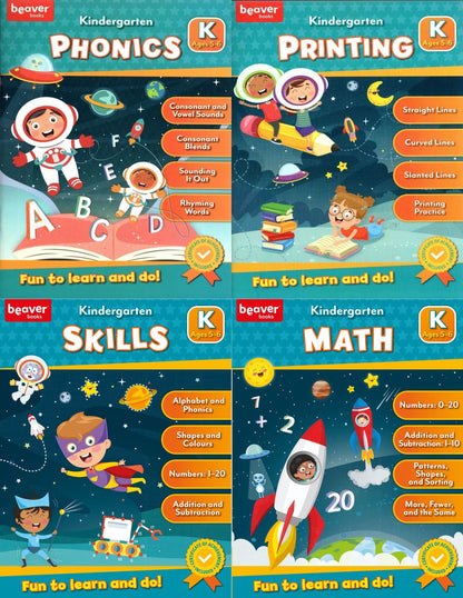 Beaver Kindergarten Educational Workbooks - Phonics, Printing, Skills, Math. Set