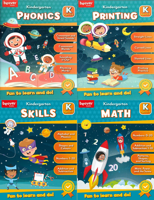 Beaver Kindergarten Educational Workbooks - Phonics, Printing, Skills, Math. Set