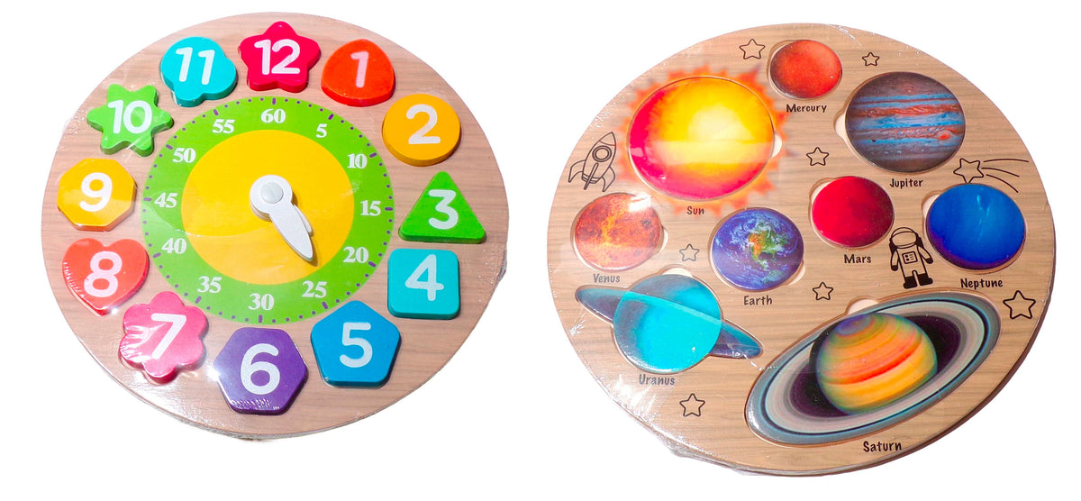 Learning Puzzle - Wooden Clock & Earth Planets (Set of 2)