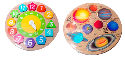Learning Puzzle - Wooden Clock & Earth Planets (Set of 2)