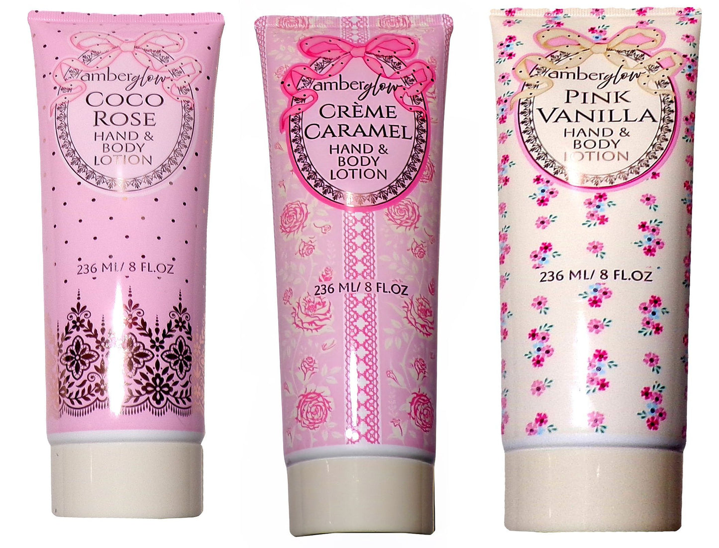 Amberglow Hand & Body Lotions: Pink Vanilla, Crème Caramel & Coco Rose 8oz.