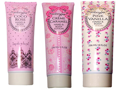 Amberglow Hand & Body Lotions: Pink Vanilla, Crème Caramel & Coco Rose 8oz.