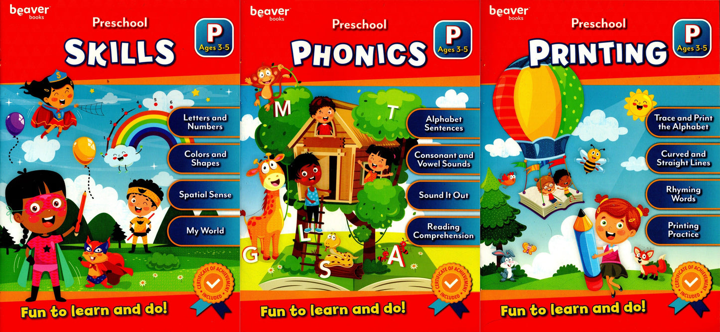Beaver Pre-School Educational Workbooks - Phonics, Printing, Skills (Set of3)