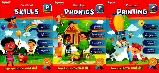 Beaver Pre-School Educational Workbooks - Phonics, Printing, Skills (Set of3)