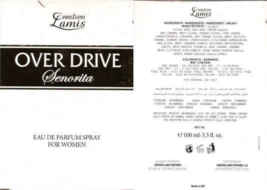 Creaton Lamis Over Drive Senorita for women Eau De Perfume Sprey 3.3 oz.