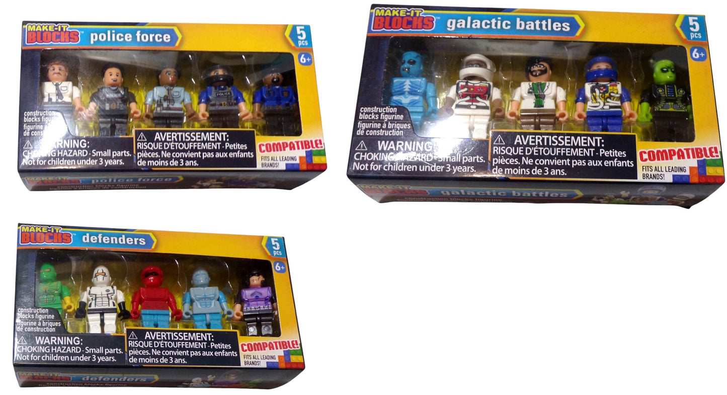 Make-It Blocks Defenders Super Hero, Police Force, Galactic Battle Figures 5 Pc