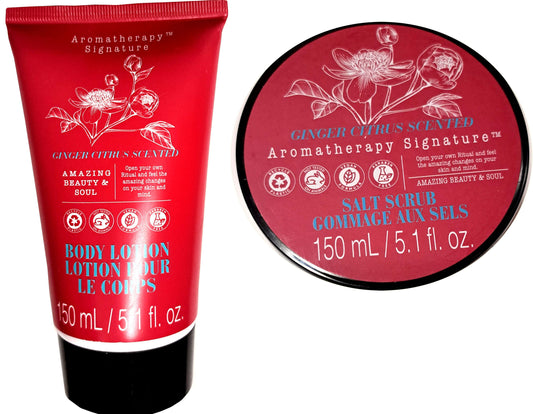 Aromatherapy Signature - Body Lotion & Salt Scrub Ginger Citrus Scented 5.1fl oz (set of 2 Pack)