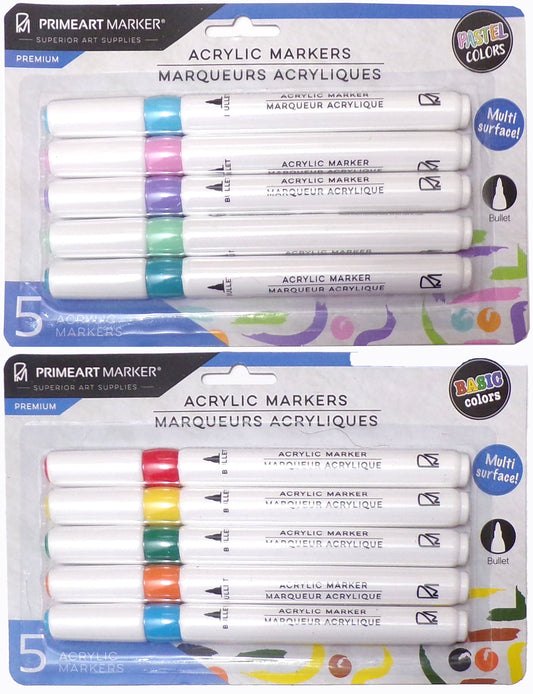 Primeart Market Acrylic Markers 5 Pastel & Basic Colors (Set of 2 Packs)