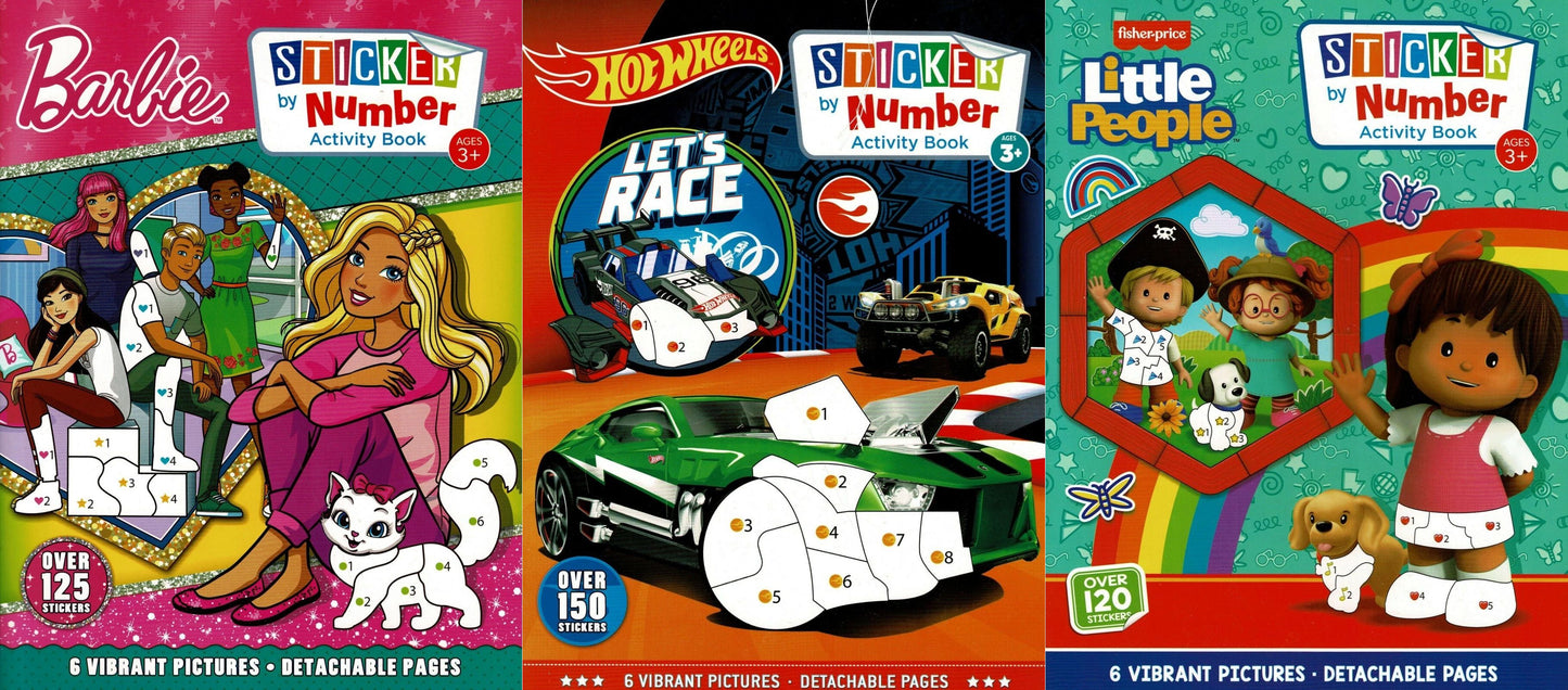 Little People, Barbie, Hot Wheels - Sticker by Number Activity Book (Set of 3)