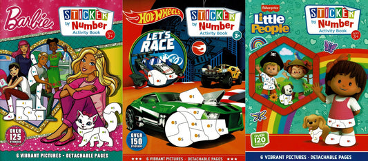 Little People, Barbie, Hot Wheels - Sticker by Number Activity Book (Set of 3)