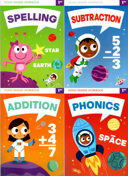 First Grade Educational Workbooks Spelling, Phonics, Addition, & Subtraction v4