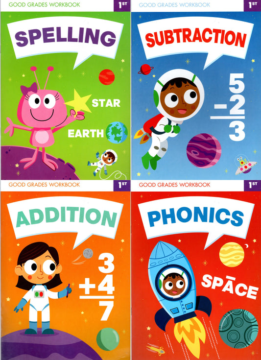 First Grade Educational Workbooks Spelling, Phonics, Addition, & Subtraction v4