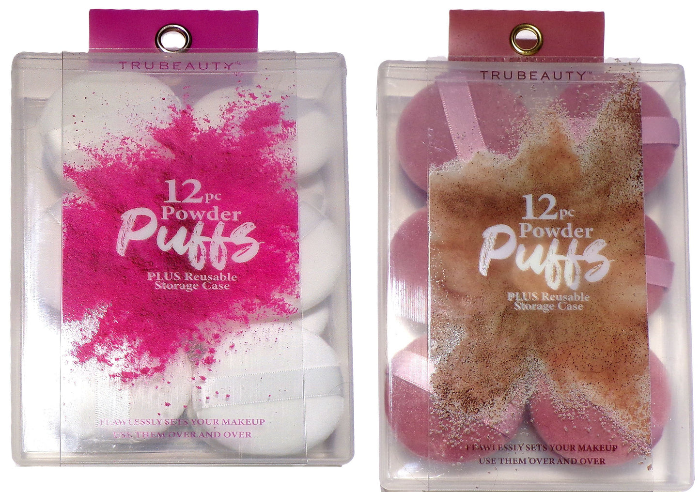TruBeauty 12 Makeup POWDER PUFFS Round White in Reusable Storage Case (Set of 2)