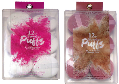TruBeauty 12 Makeup POWDER PUFFS Round White in Reusable Storage Case (Set of 2)