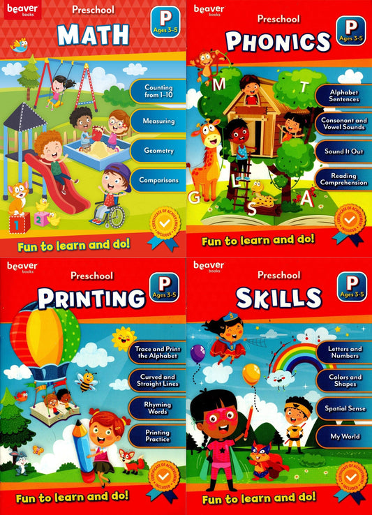 Beaver Pre-School Educational Workbooks - Phonics, Printing, Skills, Math (Set)