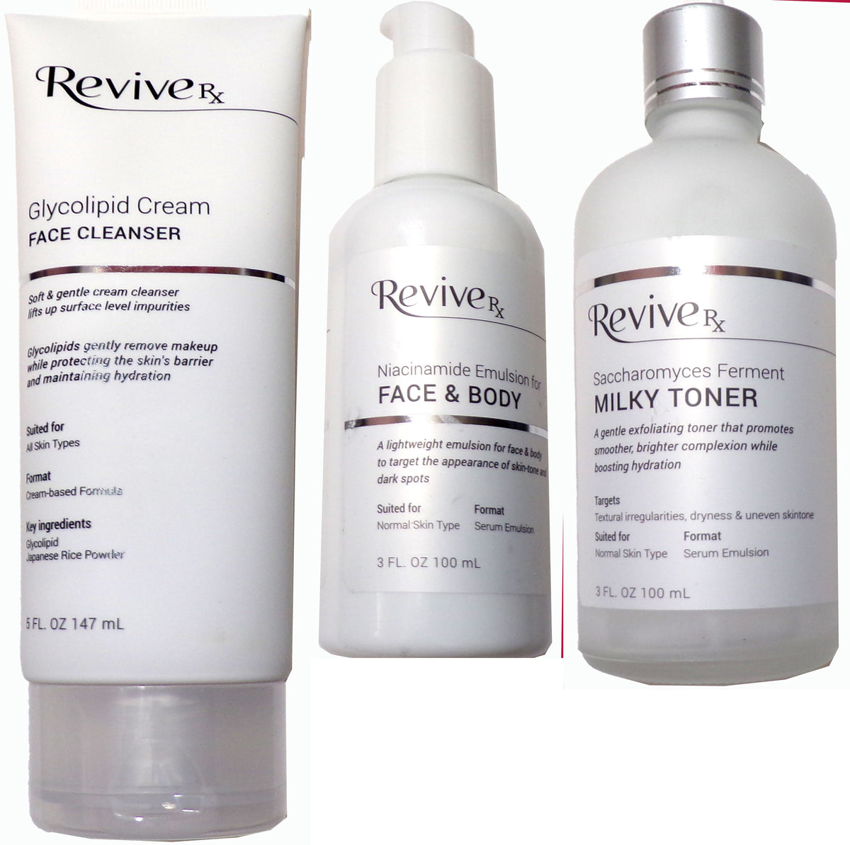 Revive Rx Cream Cleanser, Niacinamide Emulsion & Milky Toner Variety Kit, 3 pc