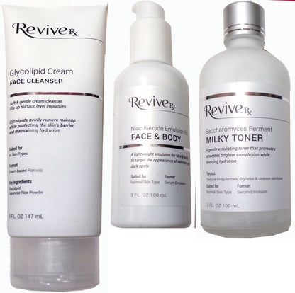 Revive Rx Cream Cleanser, Niacinamide Emulsion & Milky Toner Variety Kit, 3 pc