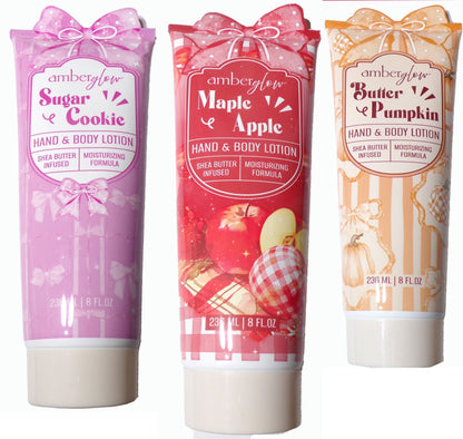 Amber Glow Hand & Body Lotion Set: Sugar Cookie, Butter Pumpkin & Maple Apple