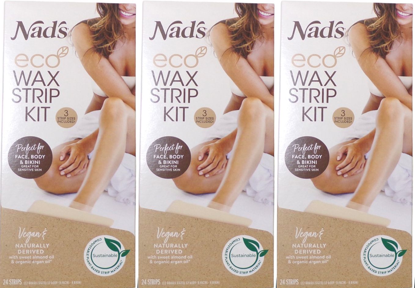 Nad`s Eco Wax Strip Kit 24CT- Women Body, Face & Bikini Waxing Vegan (Set of 3)