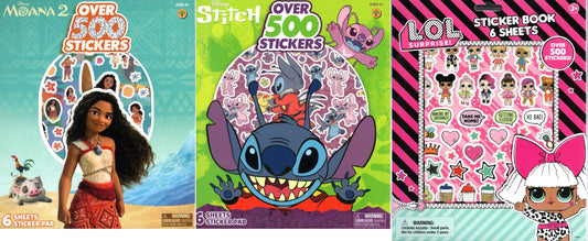 L.O.L. Surprise, Moana 2, Stitch - Sticker Pad with Over 500 Stickers Set of 3