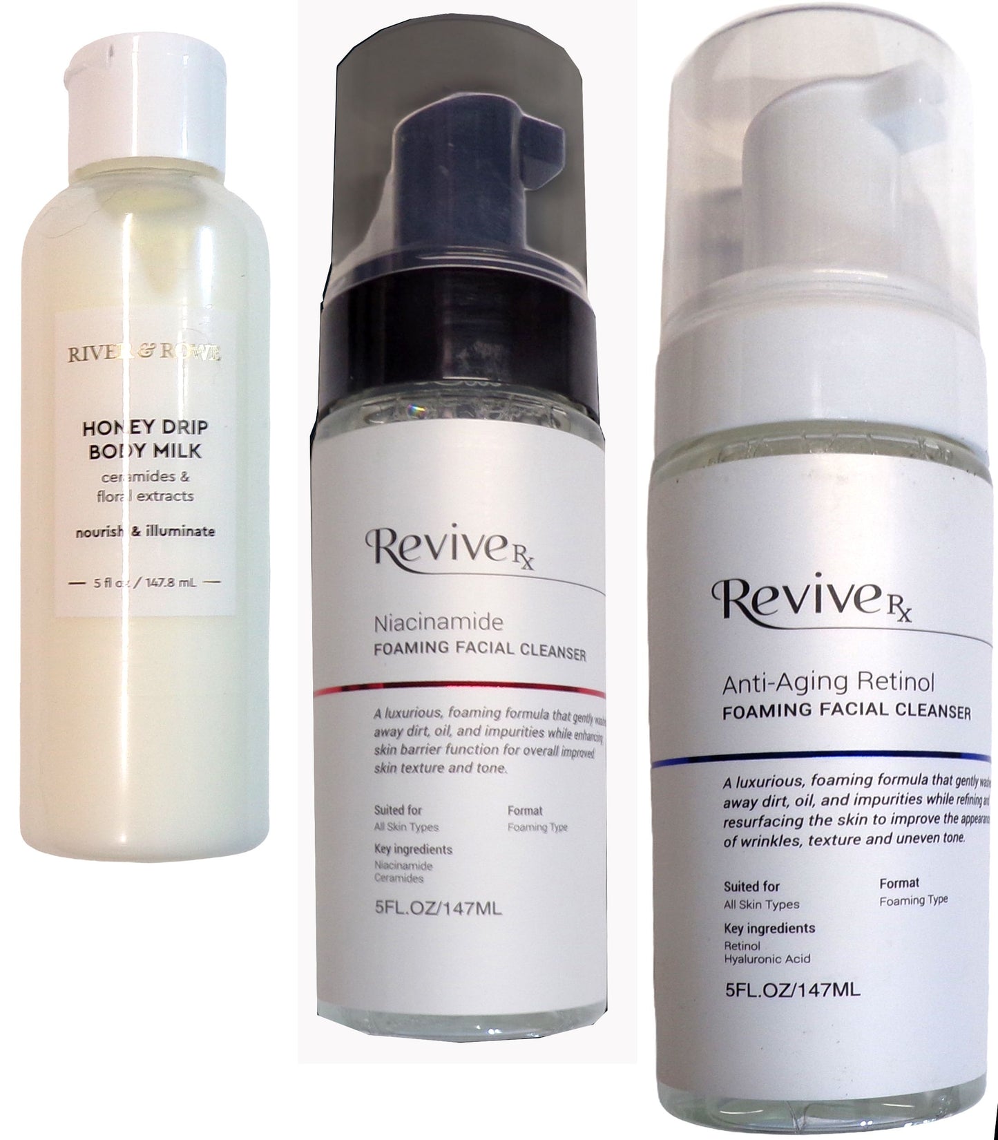 RIVER & ROWE Honey Drip Body Milk, Foaming Facial Cleanser, Niacinamide Foaming Cleanse (Set of 3)