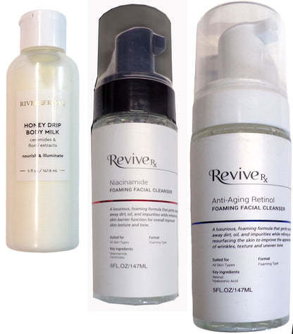 RIVER & ROWE Honey Drip Body Milk, Foaming Facial Cleanser, Niacinamide Foaming Cleanse (Set of 3)