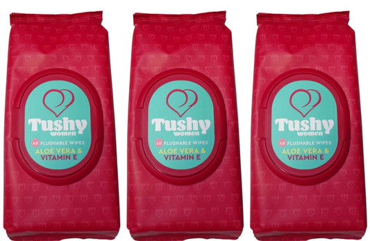 Tushy Women 48 Flushable Wipes Aloe Vera Vitamin E (Set of 3 Pack)