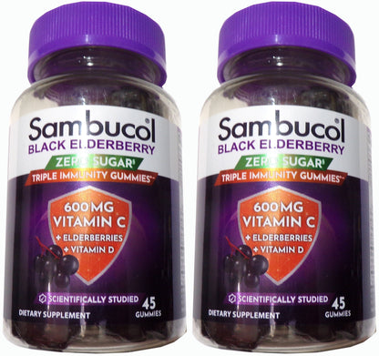 Sambucol Black Elderberry Zero Sugar Triple Immunity Gummies, 45 Count Set of 2