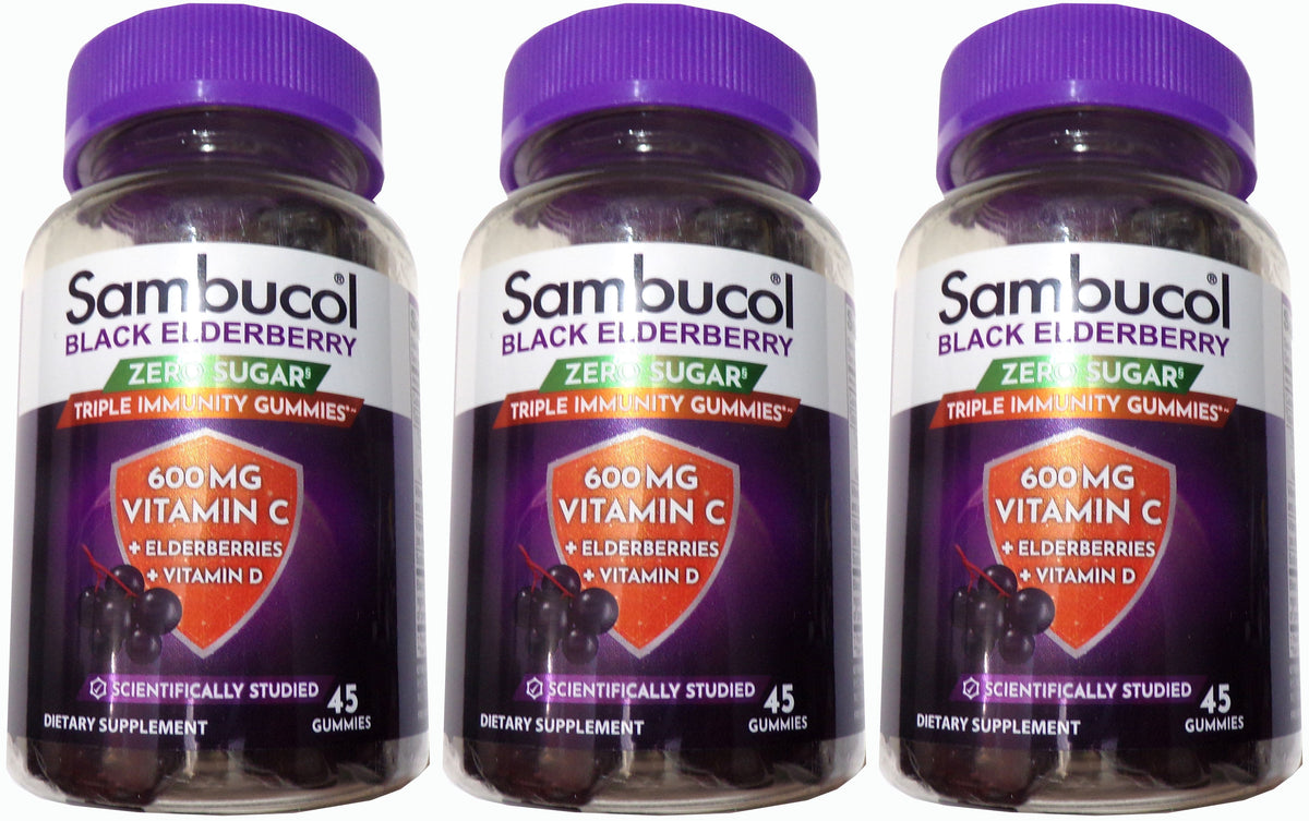 Sambucol Black Elderberry Zero Sugar Triple Immunity Gummies, 45 Count Set of 3