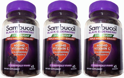 Sambucol Black Elderberry Zero Sugar Triple Immunity Gummies, 45 Count Set of 3