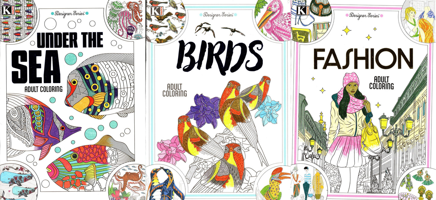 Designer Series - Fashion, Birds, Under The Sea - Adult Coloring Book (Set of 3)