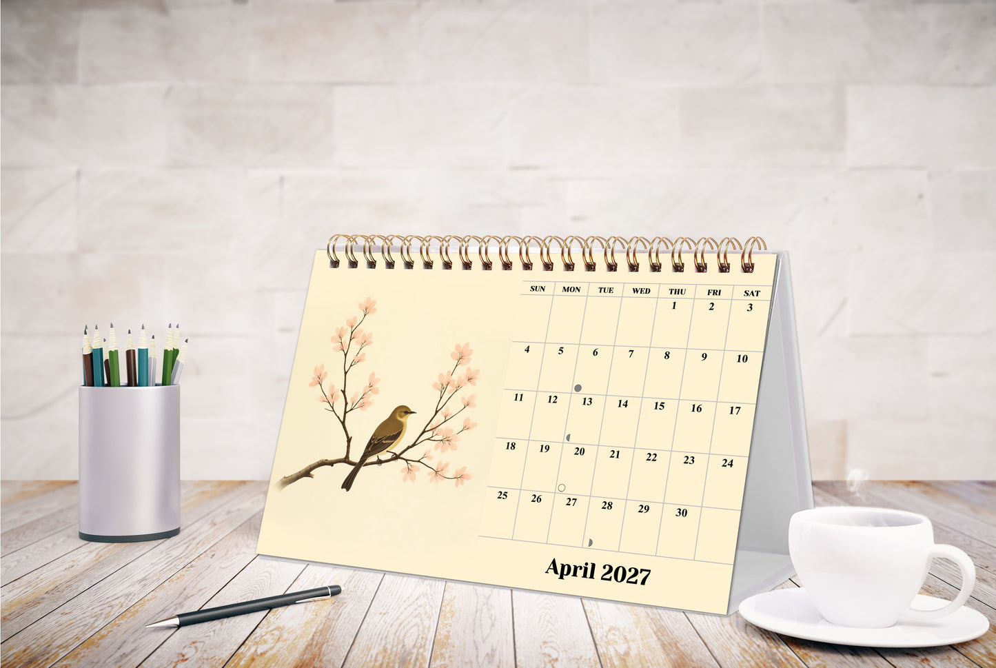 2027-12 Months Desk Calendar Desktop Planner with To-Do List (Ukioy-e Birds)