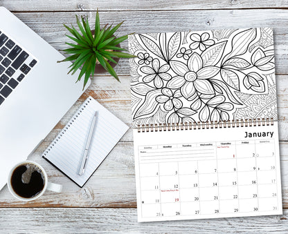 2027 Coloring Wall Calendar - 12 Months Desktop / Wall Calendar (Flowers)