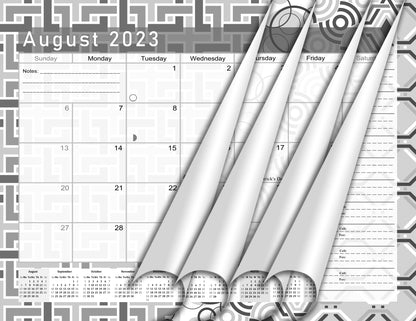 2023-2024 Academic Year 12 Months Student Calendar/Planner in Protective Sleeve for 3-Ring Binder, Desk or Wall - Black&White -v014