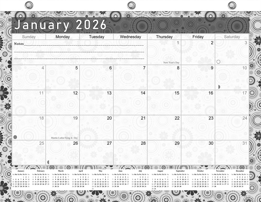 2025 - 2026 Student Calendar/Planner for 3-Ring Binder, Desk, or Wall - B&W v020