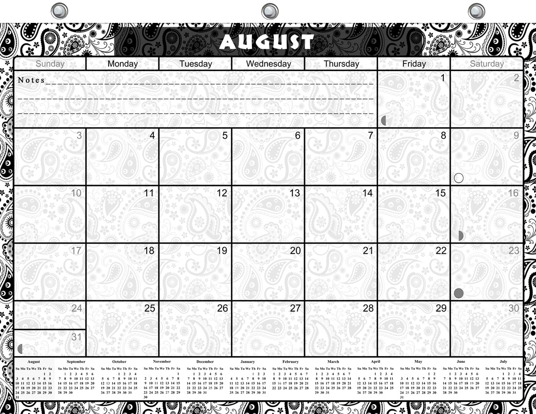 2026 - 2027 Academic Year 12 Months Student Calendar / College Planner for 3-Ring Binder, Desk or Wall -School Supplies - Made in USA - (Black & White Paisley Edition #010)